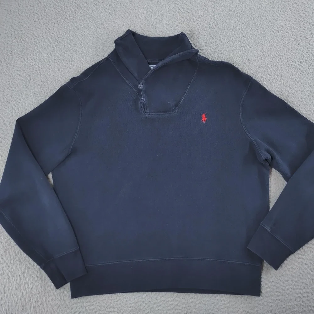 Polo Ralph Lauren Sweater Mens Medium Navy Mock Neck Button Pullover